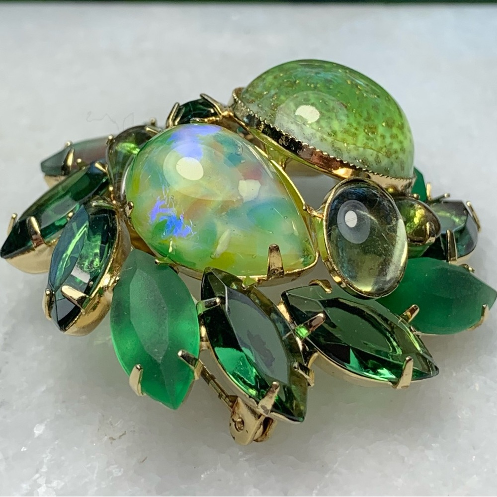 Vintage Green Rhinestone Statement Brooch Art Glass Cabochon AB